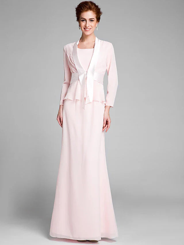 Wholesale Mermaid / Trumpet Mother of the Bride Dress Convertible Dress Scoop Neck Floor Length Chiffon Long Sleeve Wrap Included with Sash / Ribbon